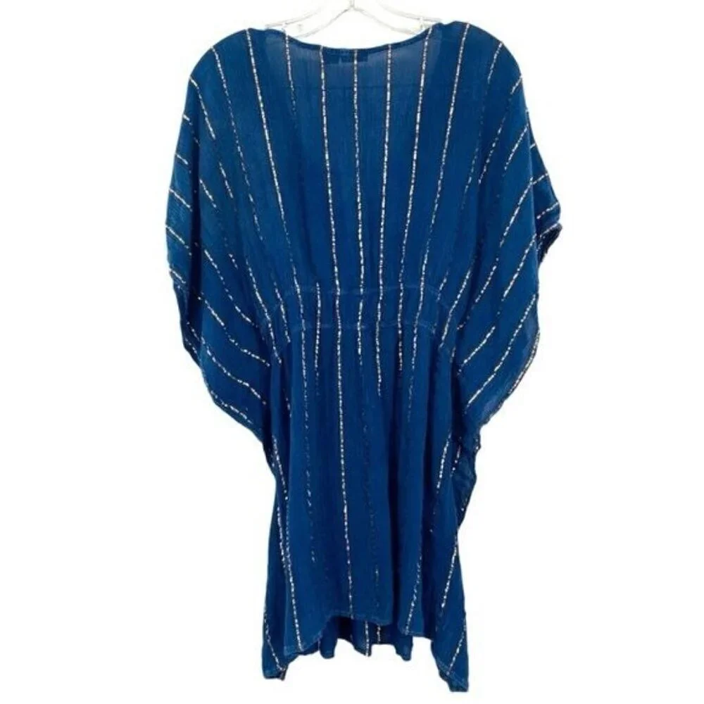 Raya Sun Cover Up Kaftan Blue Gold Boho Beach Vacation Swimsuit Coverup